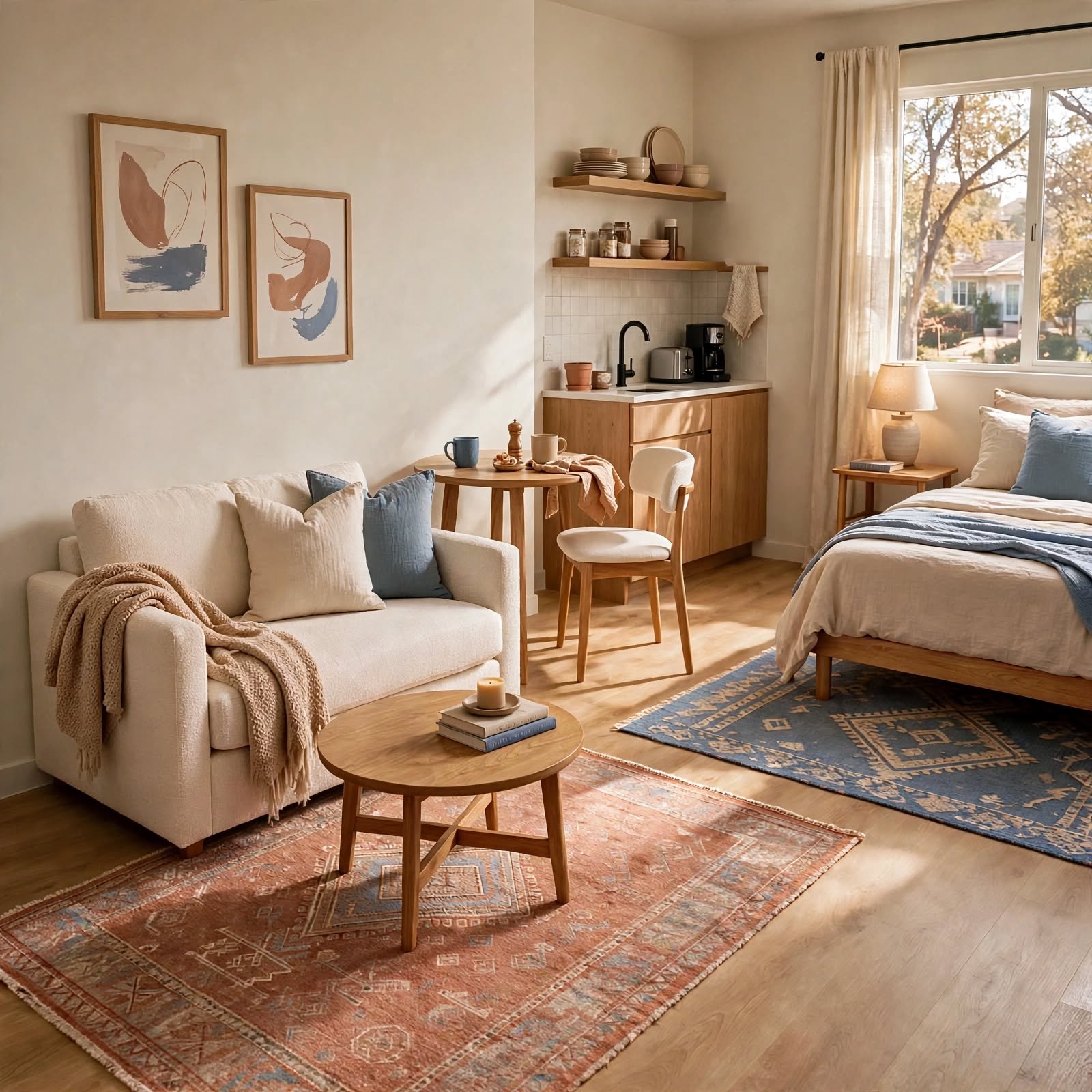 16. Area Rug Color Zoning for Studio Apartment