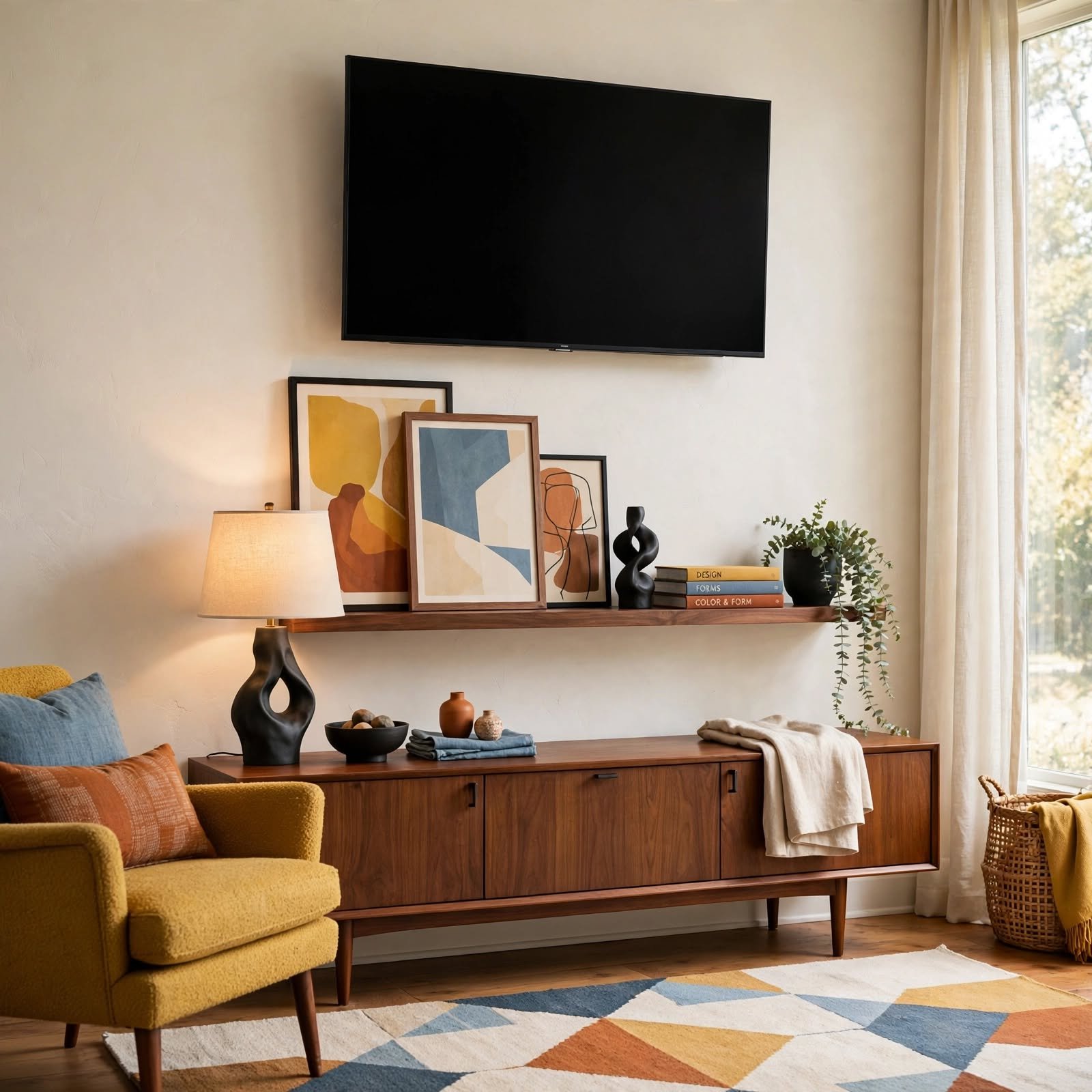 11. Art Ledge Above Media Console for TV Wall Decor