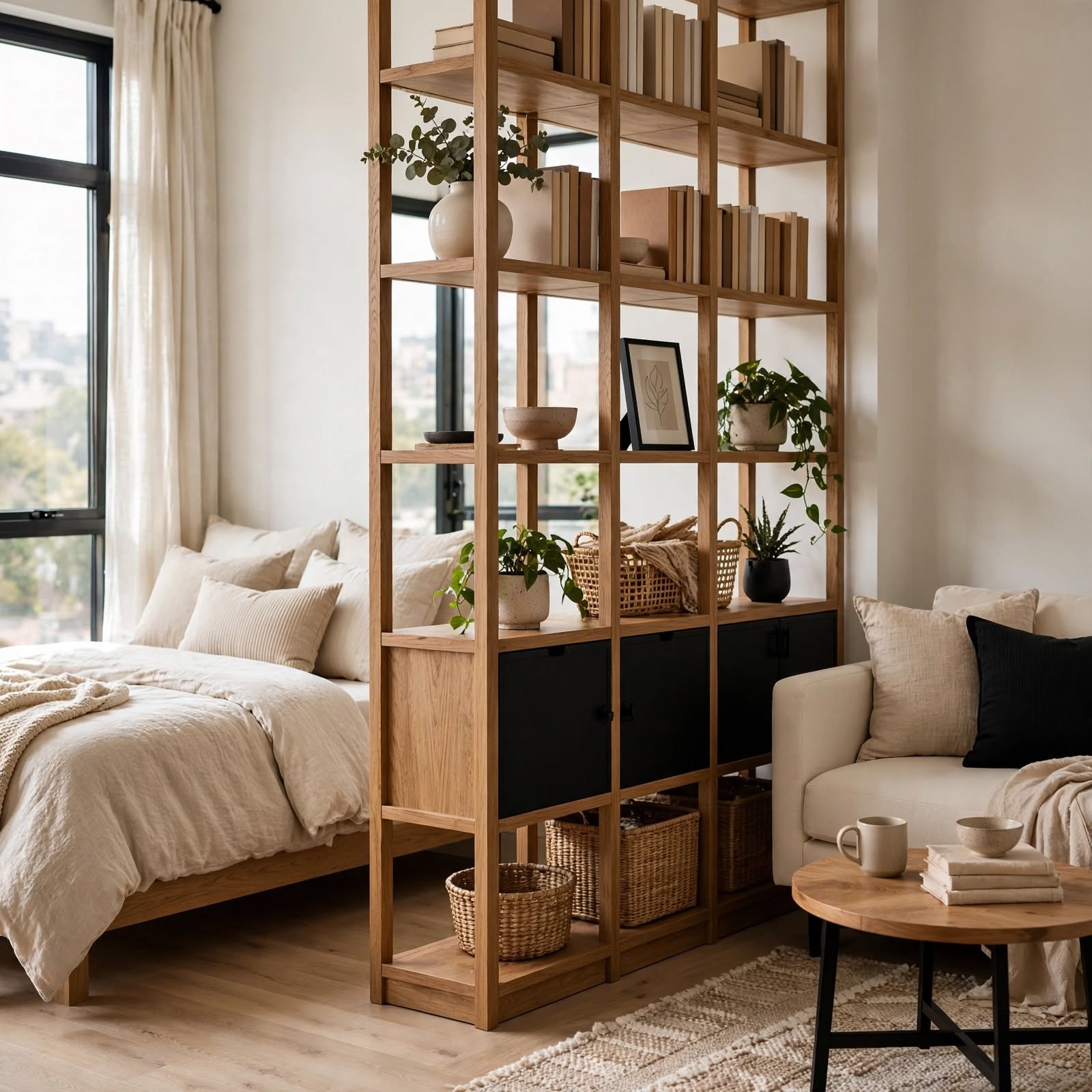 3. Bookshelf Room Divider for Studio Apartment Ideas