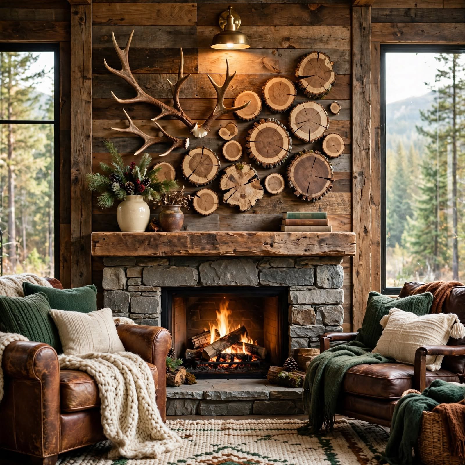 15. Cabincore Antler and Wood Slice Display for Aesthetic Wall Decor