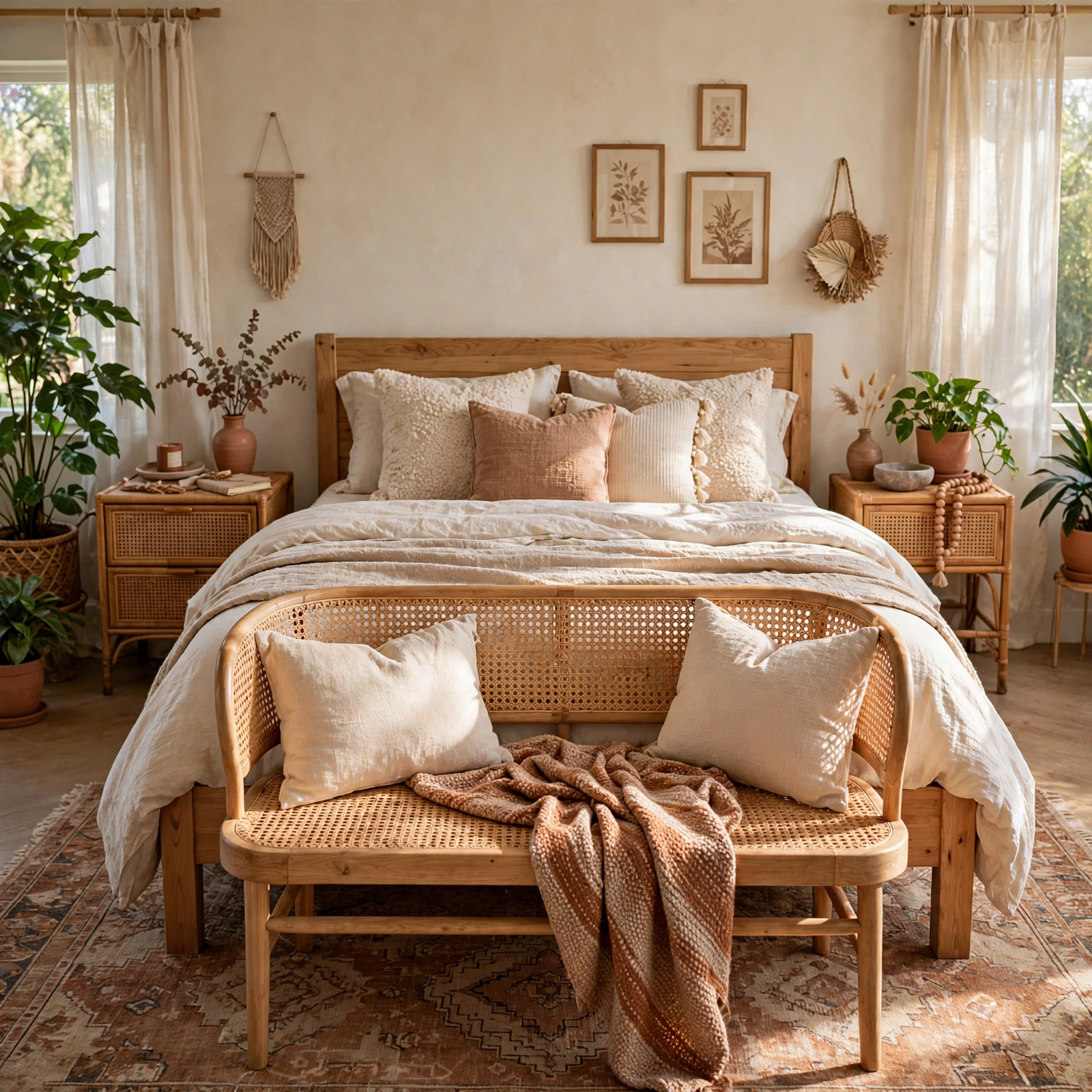 8. Cane Bench Seat for a Boho Bedroom