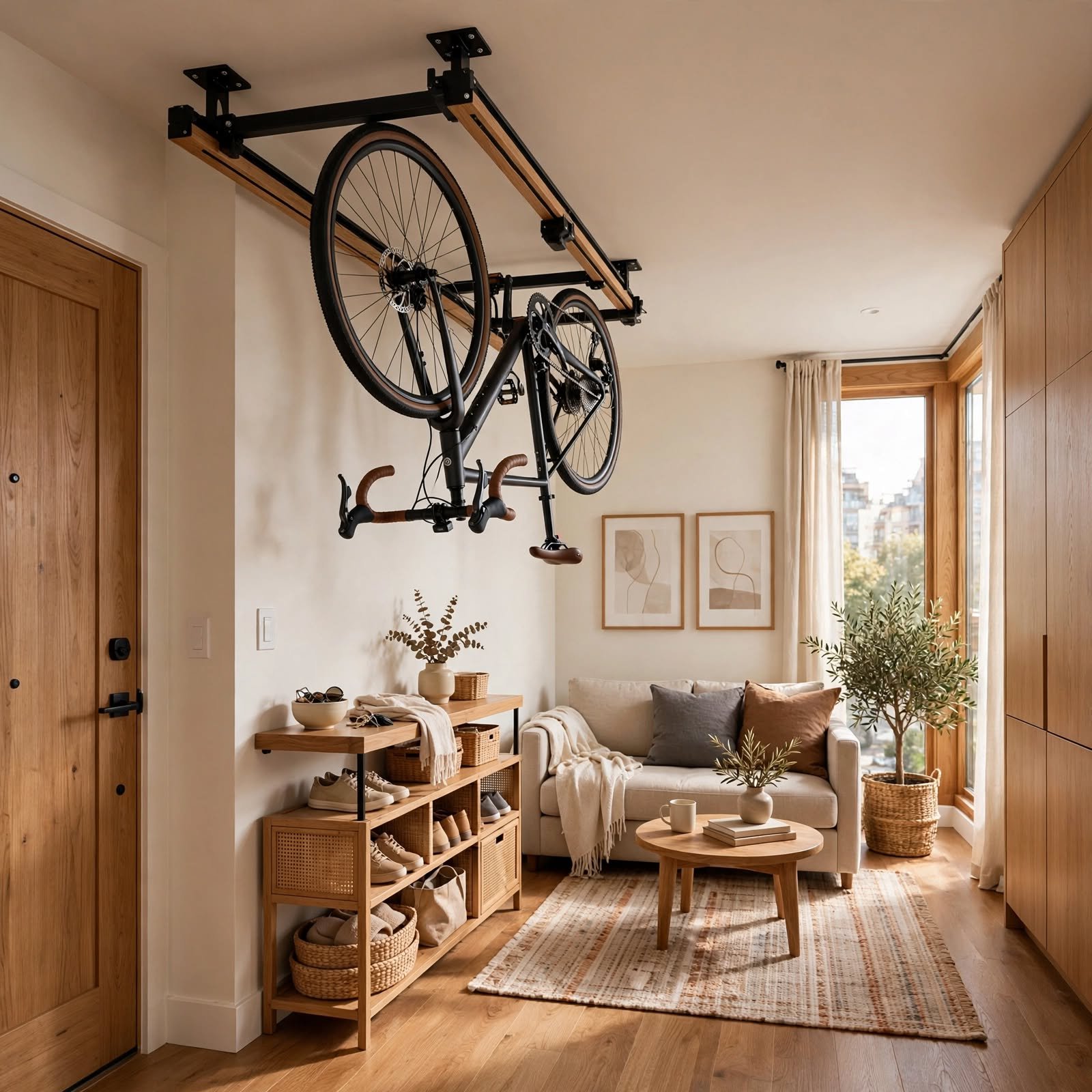 13. Ceiling-Mounted Bike Rack for Studio Apartment Ideas