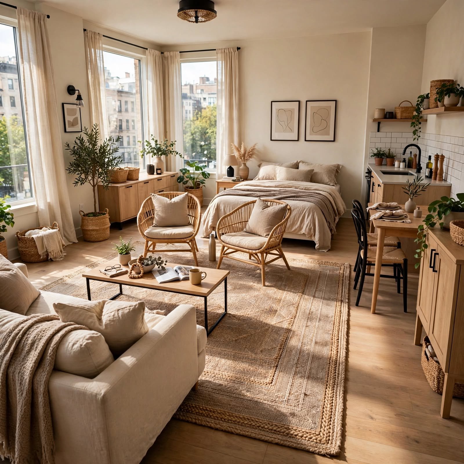 13. Central Rug Anchor Layout for Studio Apartment Layout