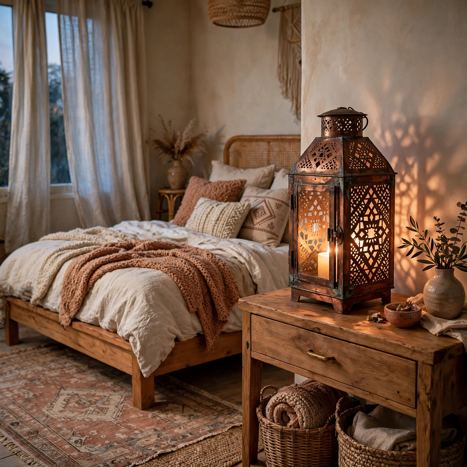 18. Copper Lantern Accent for a Boho Bedroom