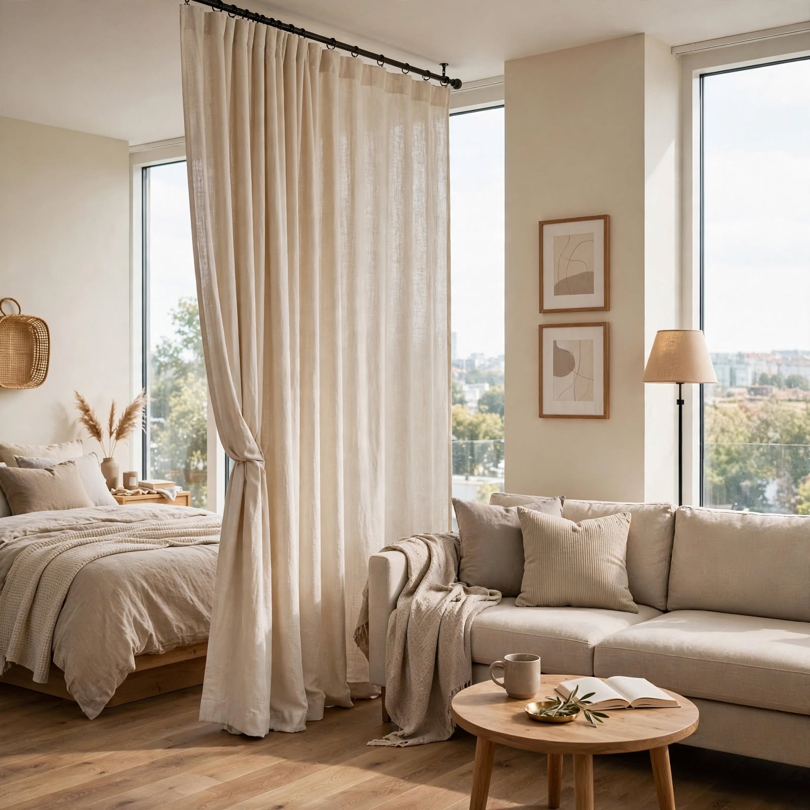 2. Curtain Room Partition for Studio Apartment Ideas