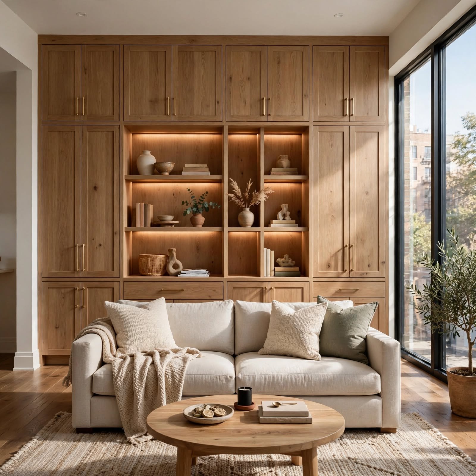 10. Custom Built-In Storage Wall for Apartment Interior