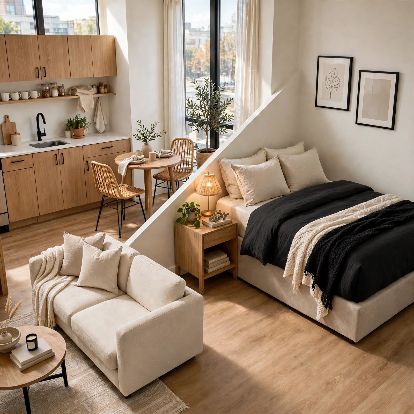 3. Diagonal Bed Placement for Studio Apartment Layout
