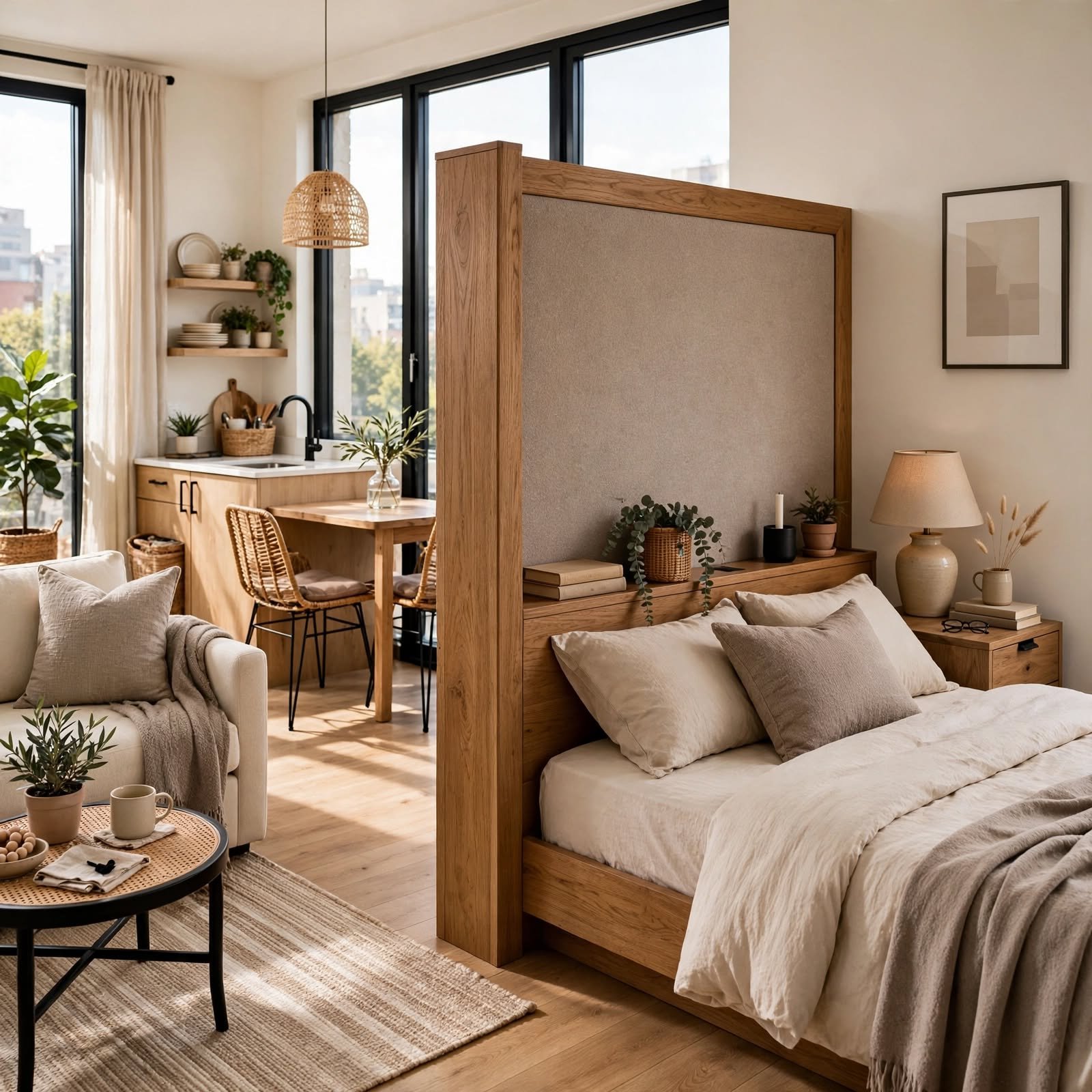 7. Double-Duty Headboard Divider for Studio Apartment Layout
