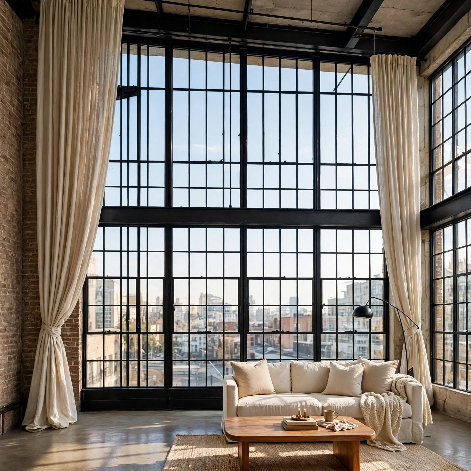 15. Double-Height Curtain Drop for Loft Apartment