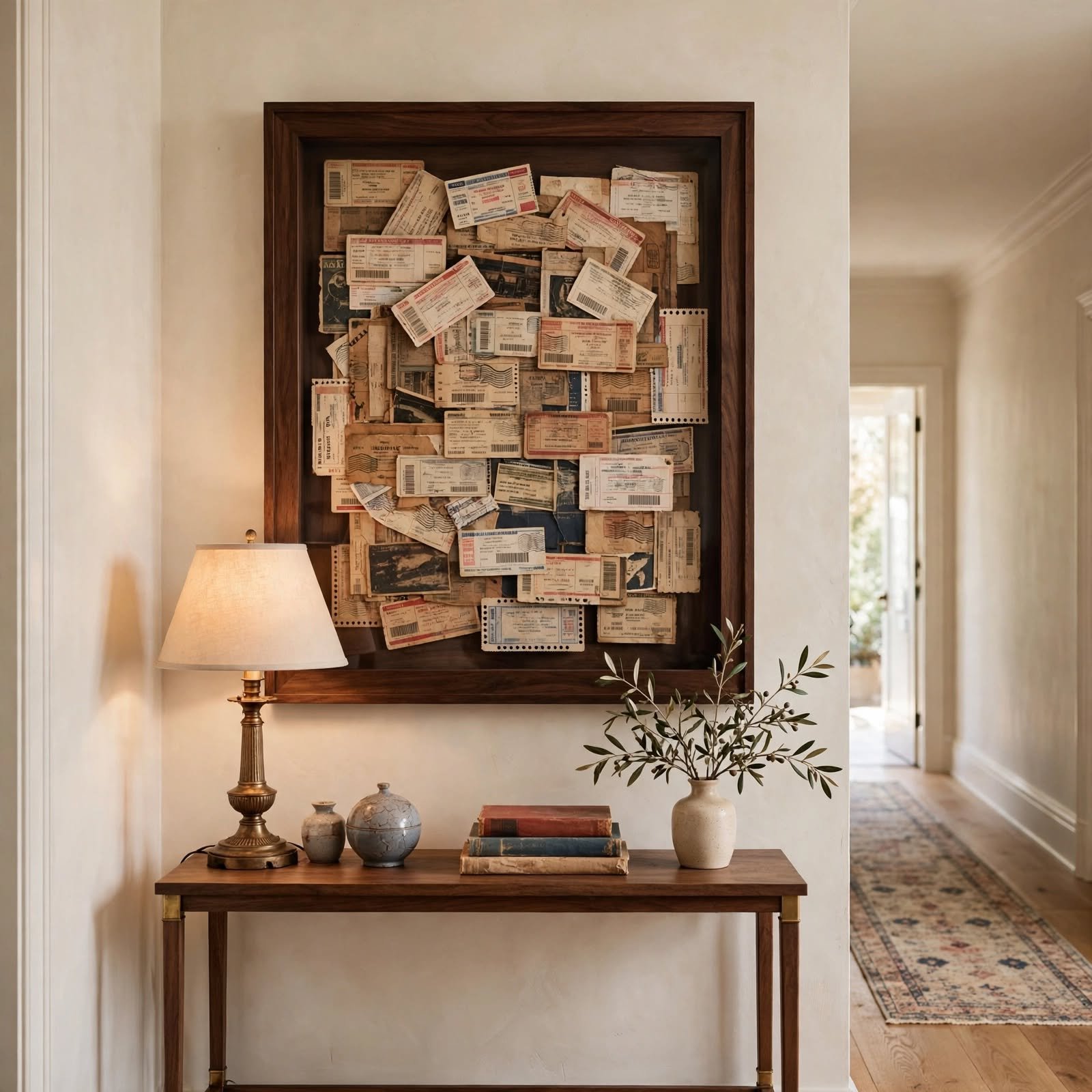 13. Framed Travel Ticket Collection for Hallway Wall Decor Ideas