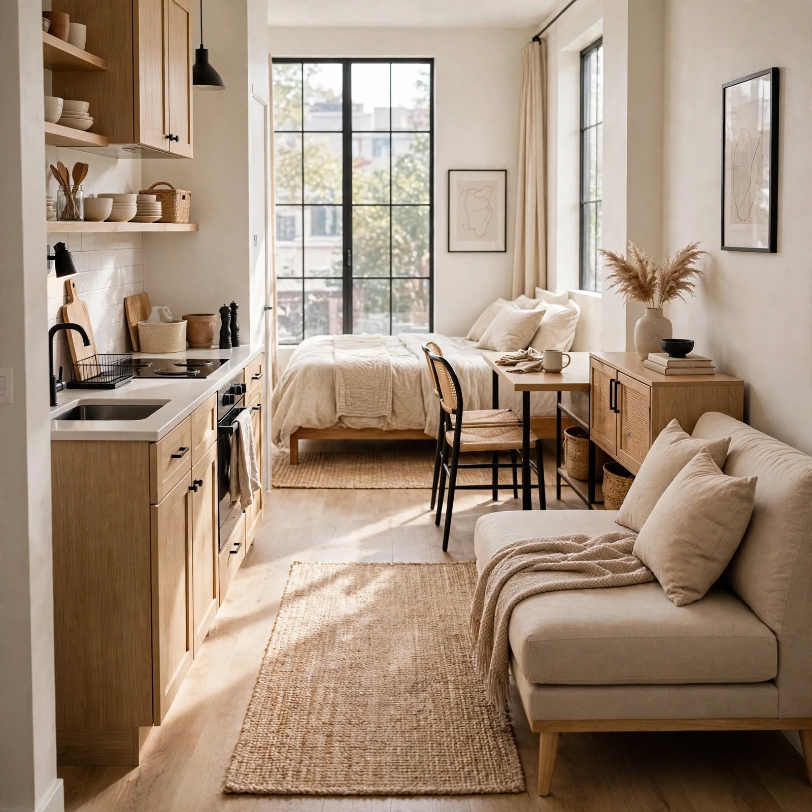 1. Galley-Style Furniture Row for Studio Apartment Layout