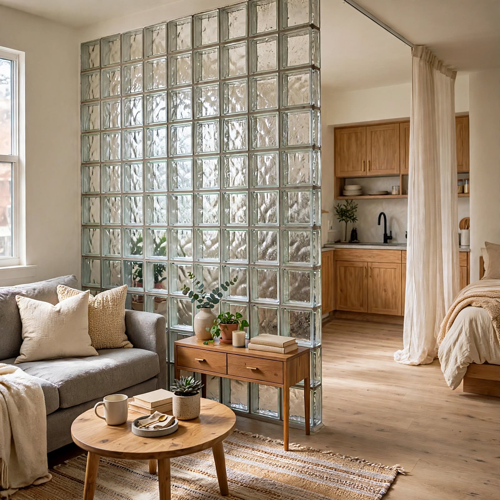 4. Glass Block Partition for Studio Apartment