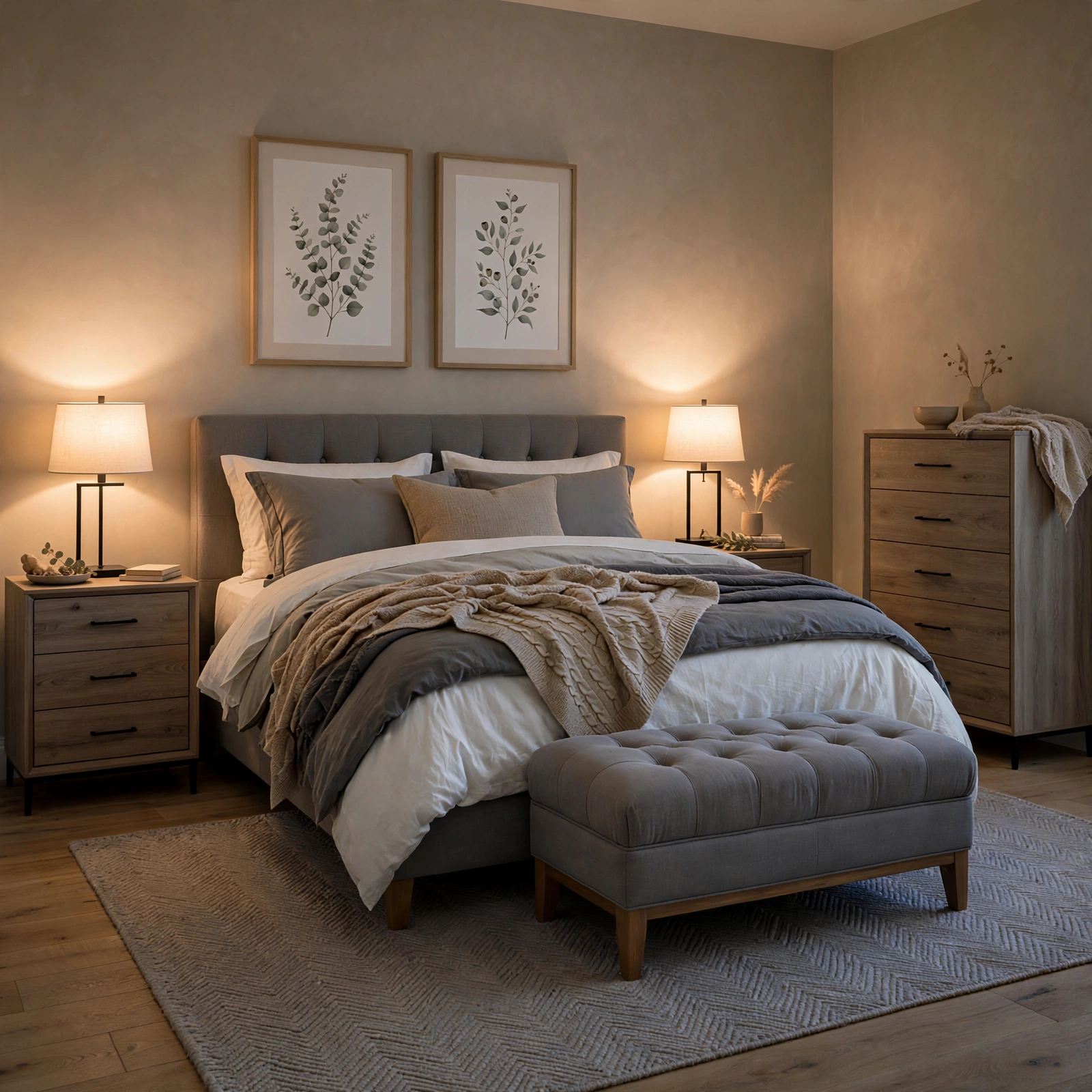 17. Grey Tufted Ottoman for Grey Bedroom Ideas