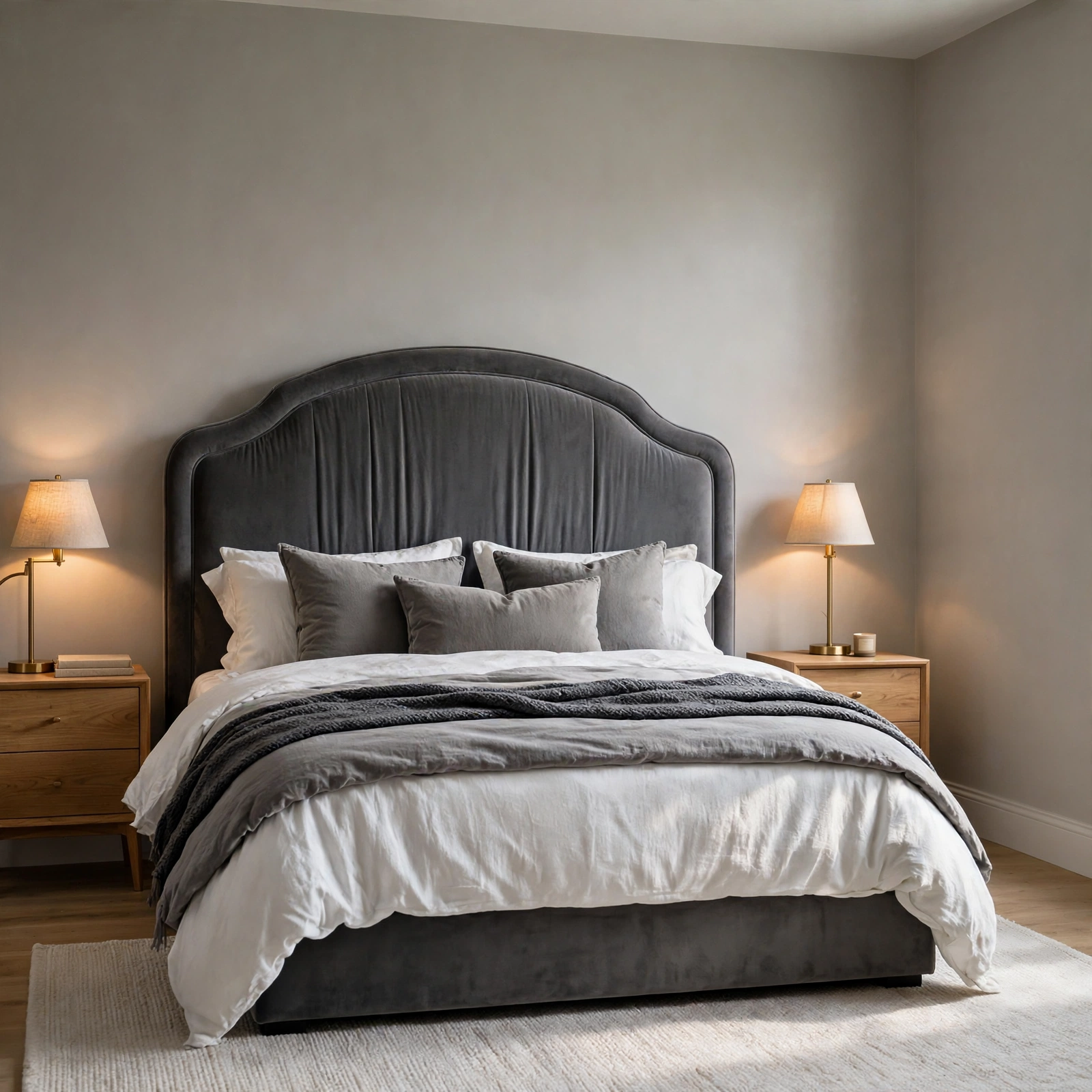 2. Grey Velvet Headboard for Grey Bedroom Ideas