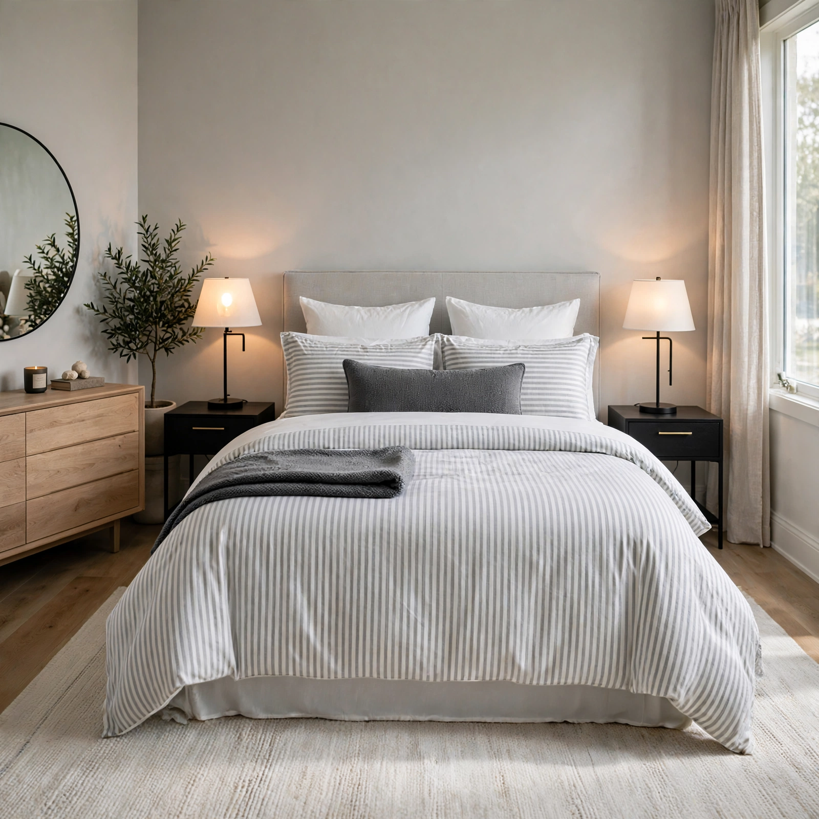 5. Grey and White Striped Bedding for Grey Bedroom Ideas