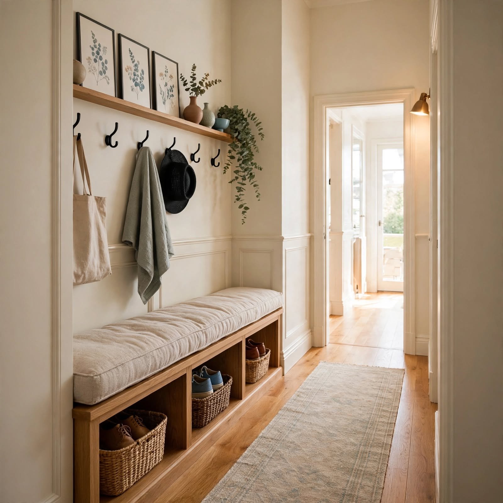 17. Hallway Bench With Storage Cubbies for Hallway Wall Decor Ideas
