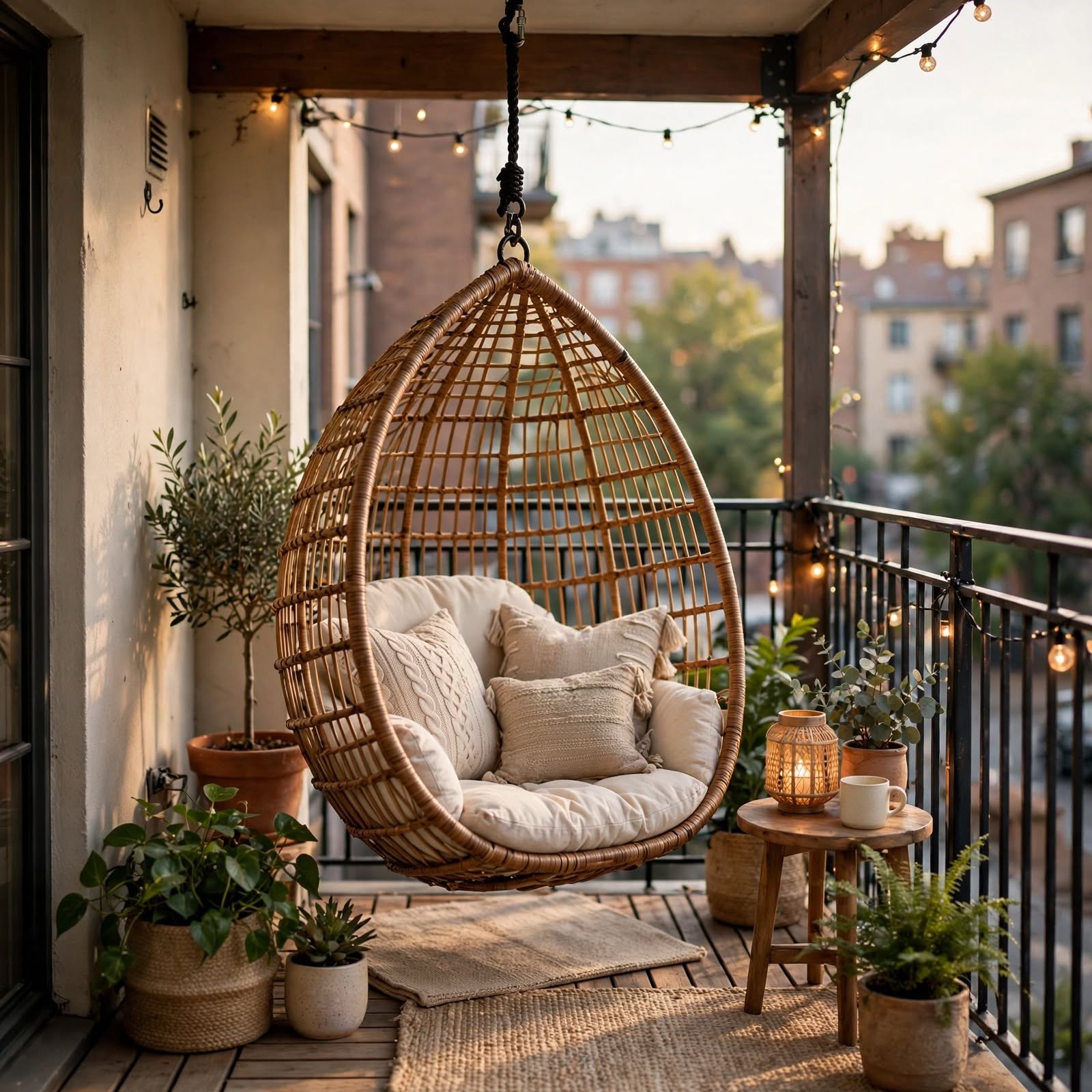 4. Hanging Rattan Chair for Balcony Ideas Apartment