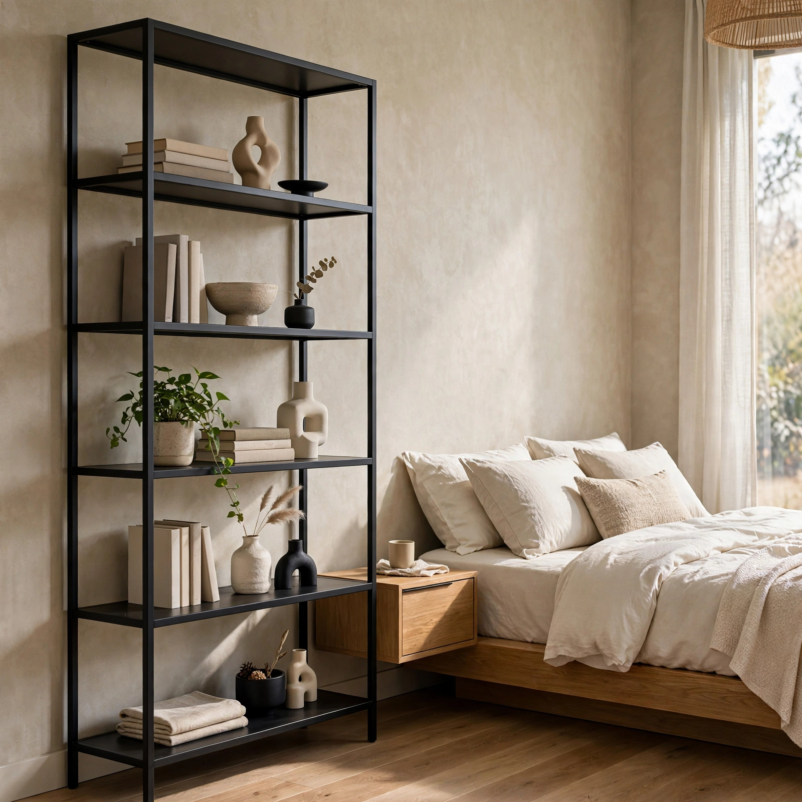 14. Industrial Metal Shelving for Modern Bedroom