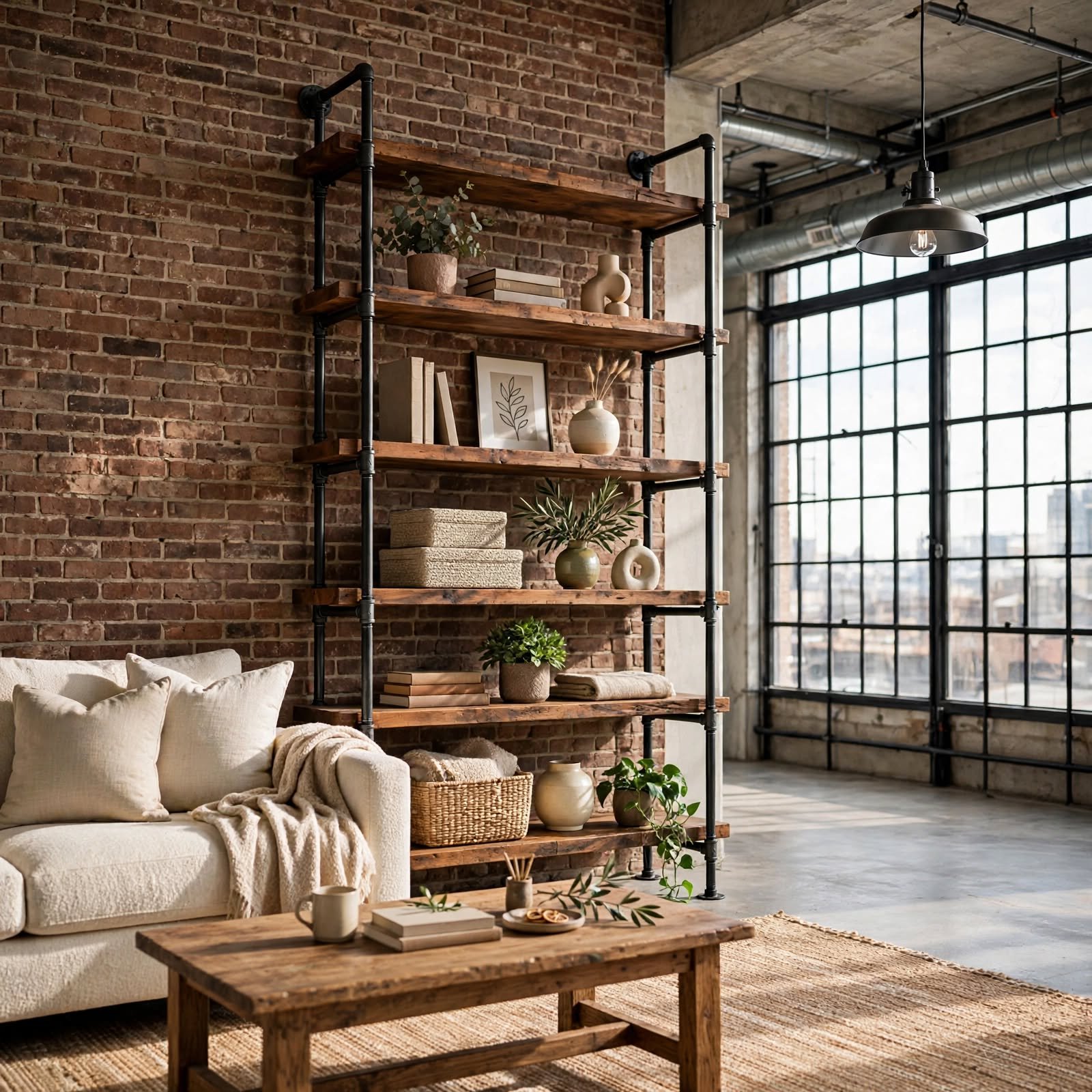 3. Industrial Pipe Shelving for Loft Apartment