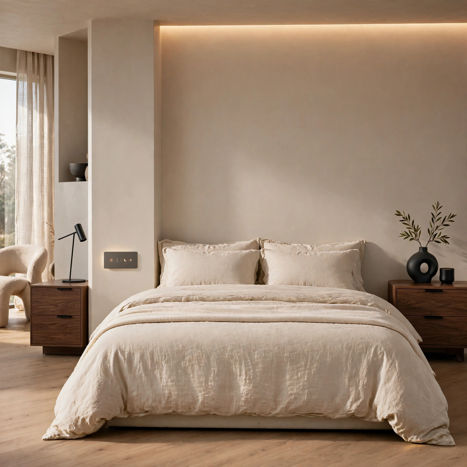 10. Integrated Smart Lighting Panel for Modern Bedroom