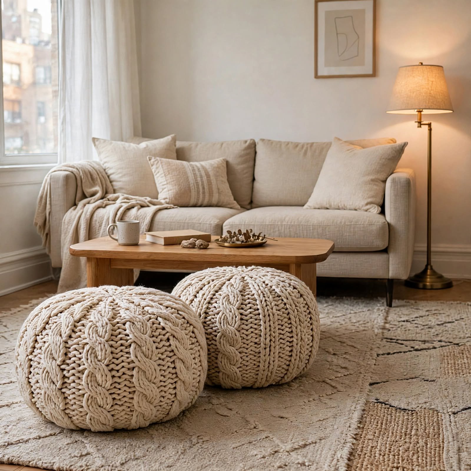 11. Knit Pouf Seating for Cozy Apartment