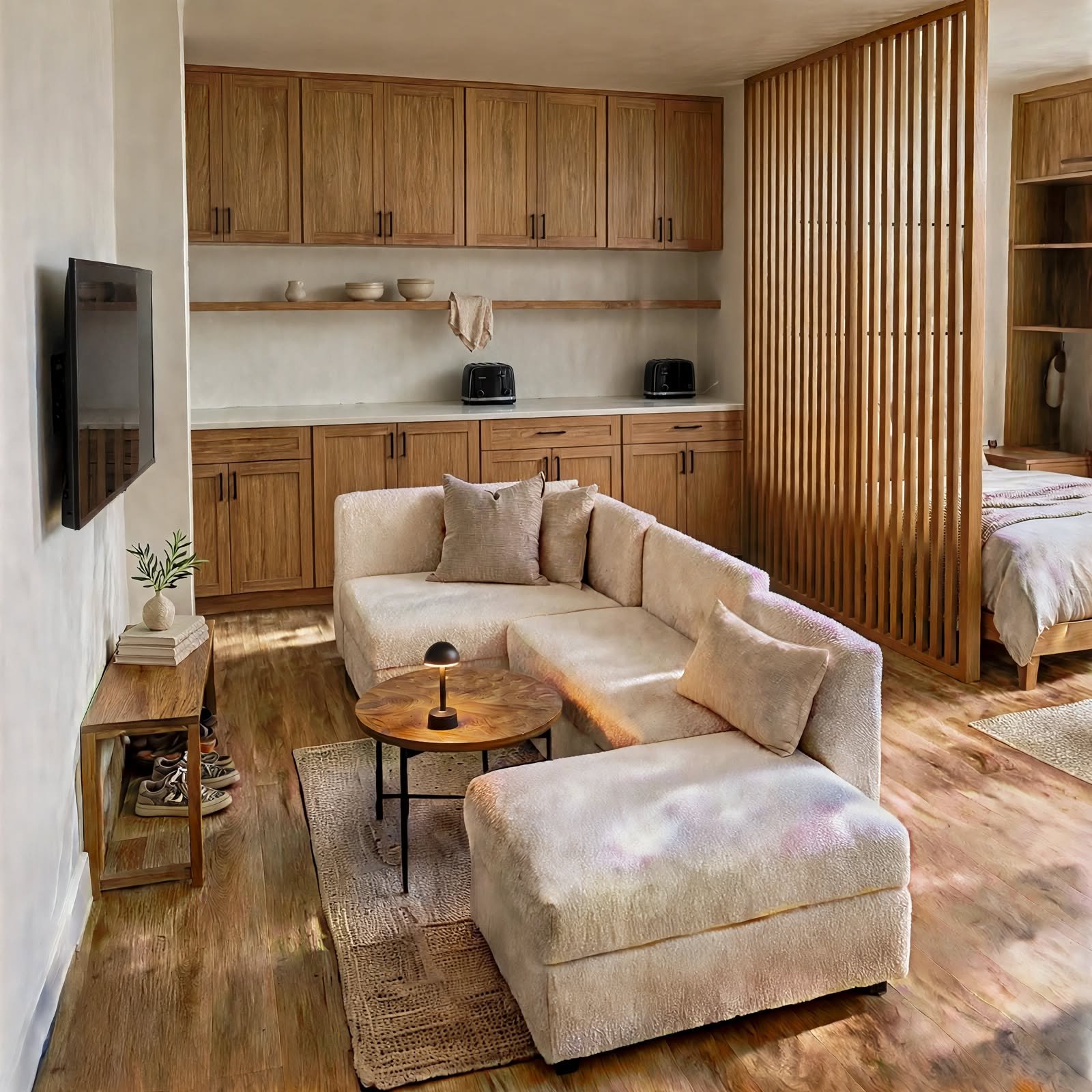 1. L-Shaped Furniture Layout for Studio Apartment