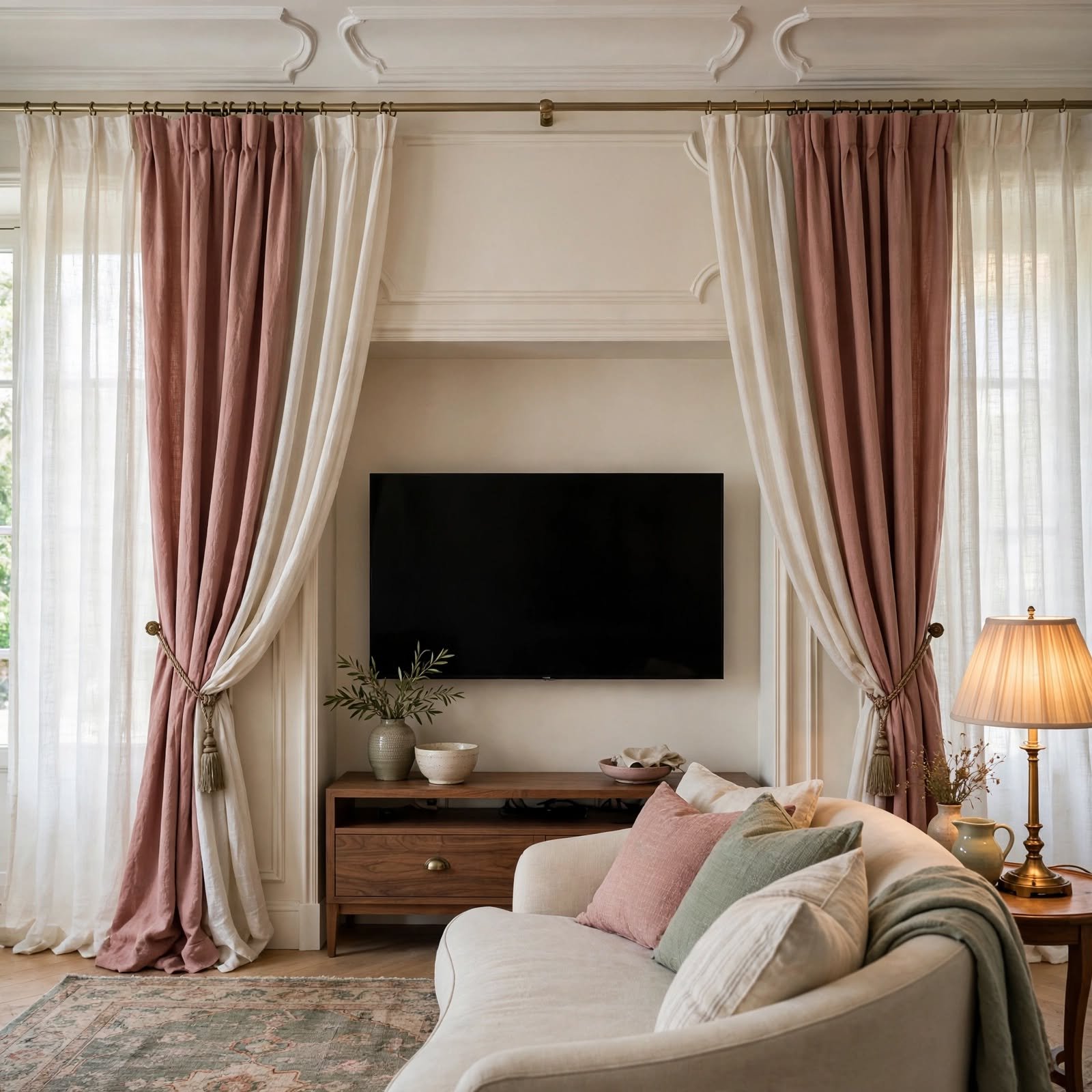 10. Layered Curtain Frame Around TV Nook for TV Wall Decor