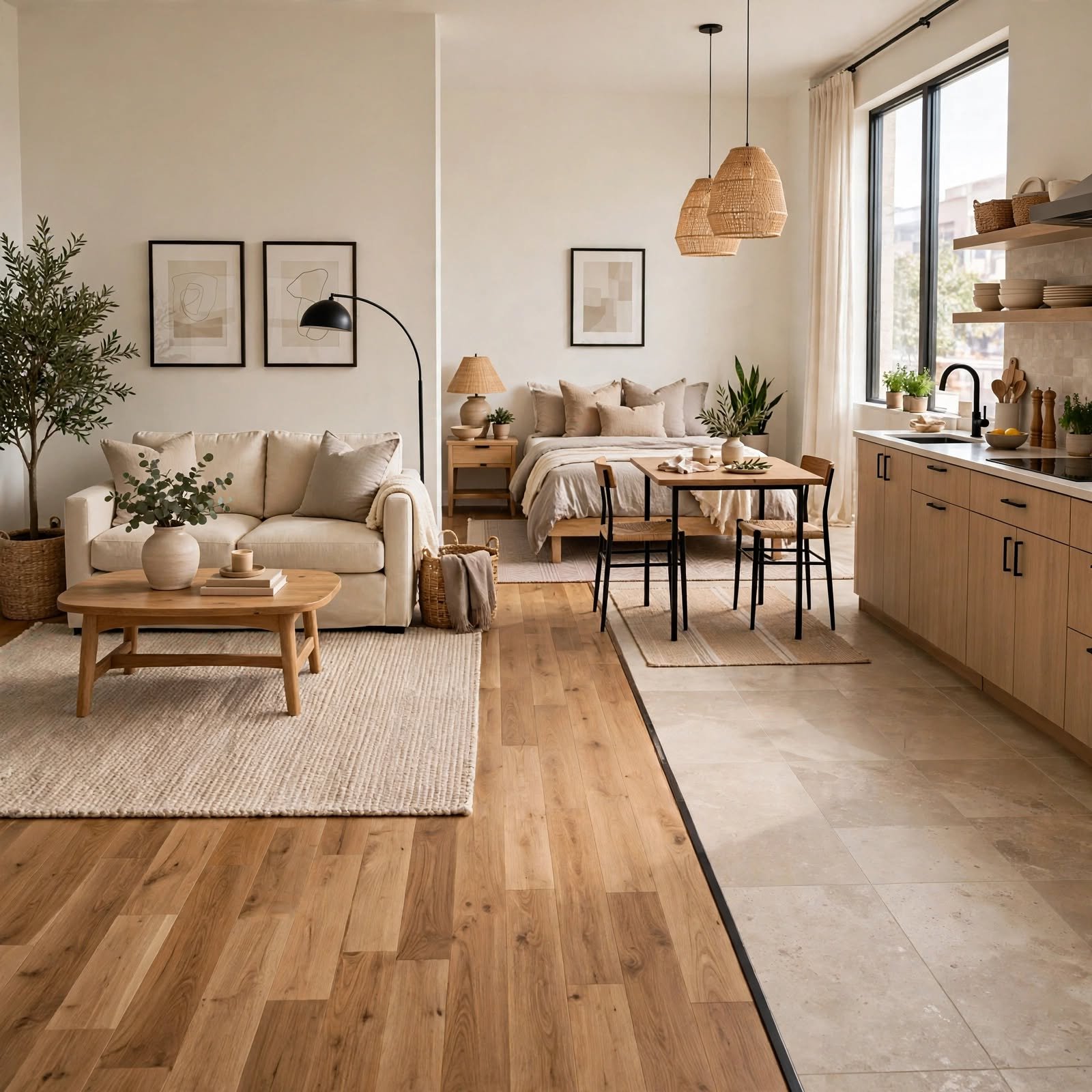 11. Layered Zone Flooring Transition for Studio Apartment Layout