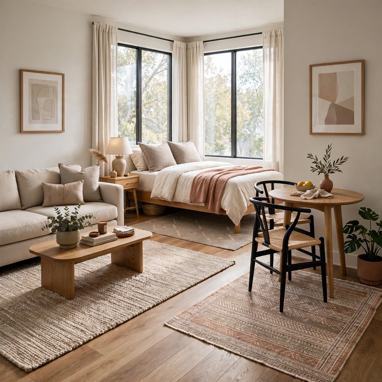5. Multi-Zone Rug Layout for Studio Apartment Ideas