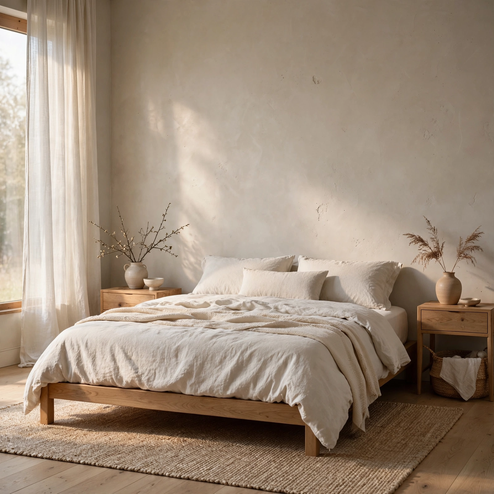 4. Neutral Clay Wall Finish for Japandi Bedroom