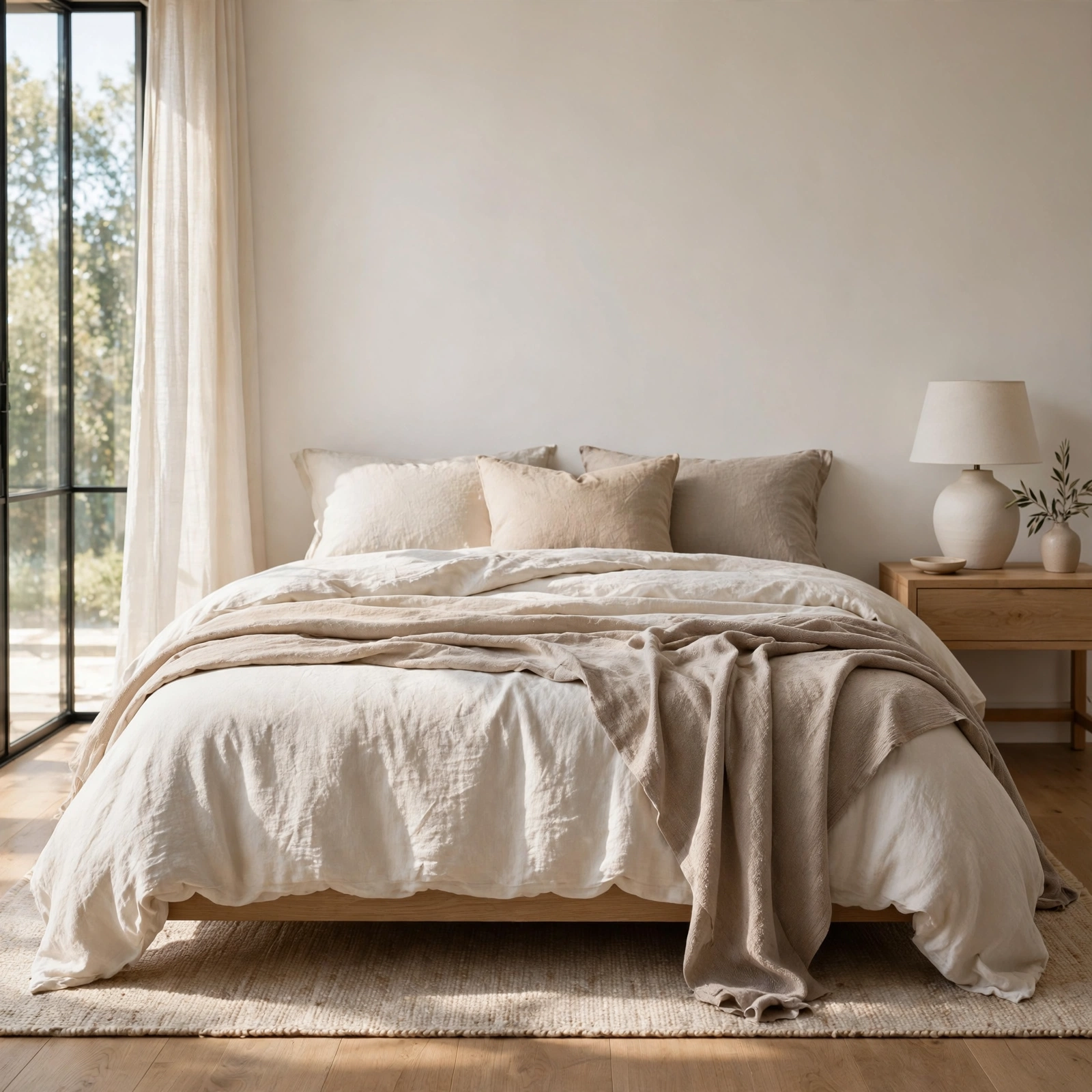 6. Neutral Linen Bedding for Minimalist Bedroom