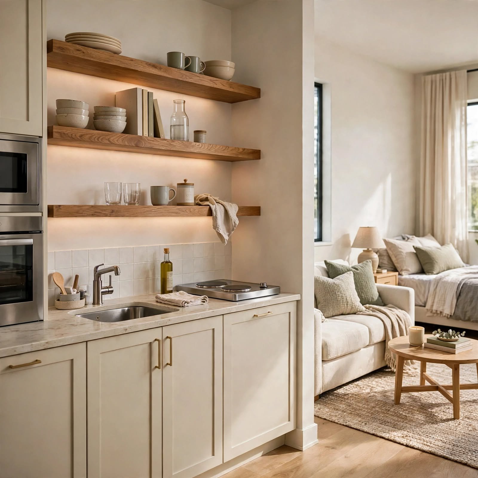 14. Open Shelving Instead of Upper Cabinets for Studio Apartment