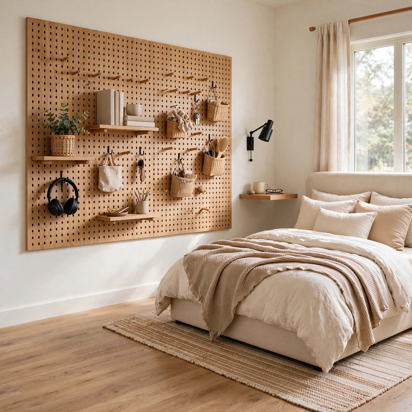 7. Pegboard Storage Wall for Small Rooms