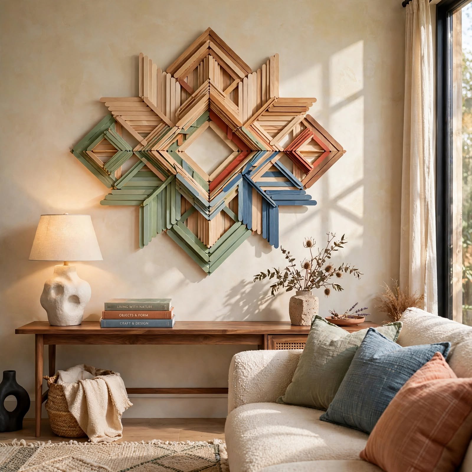 5. Popsicle Stick Geometric Art for Wall Decor DIY