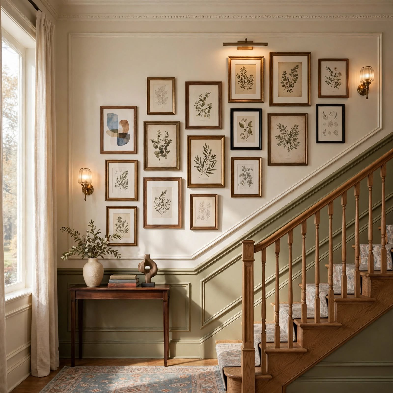 1. Runner Gallery Wall Along Staircase for Hallway Wall Decor Ideas