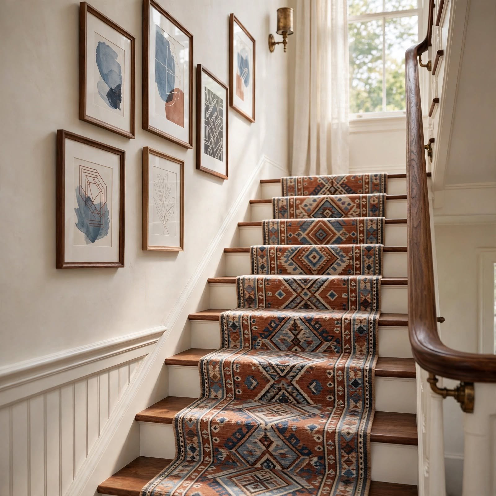 3. Runner Rug Pattern Coordination for Staircase Wall Decor