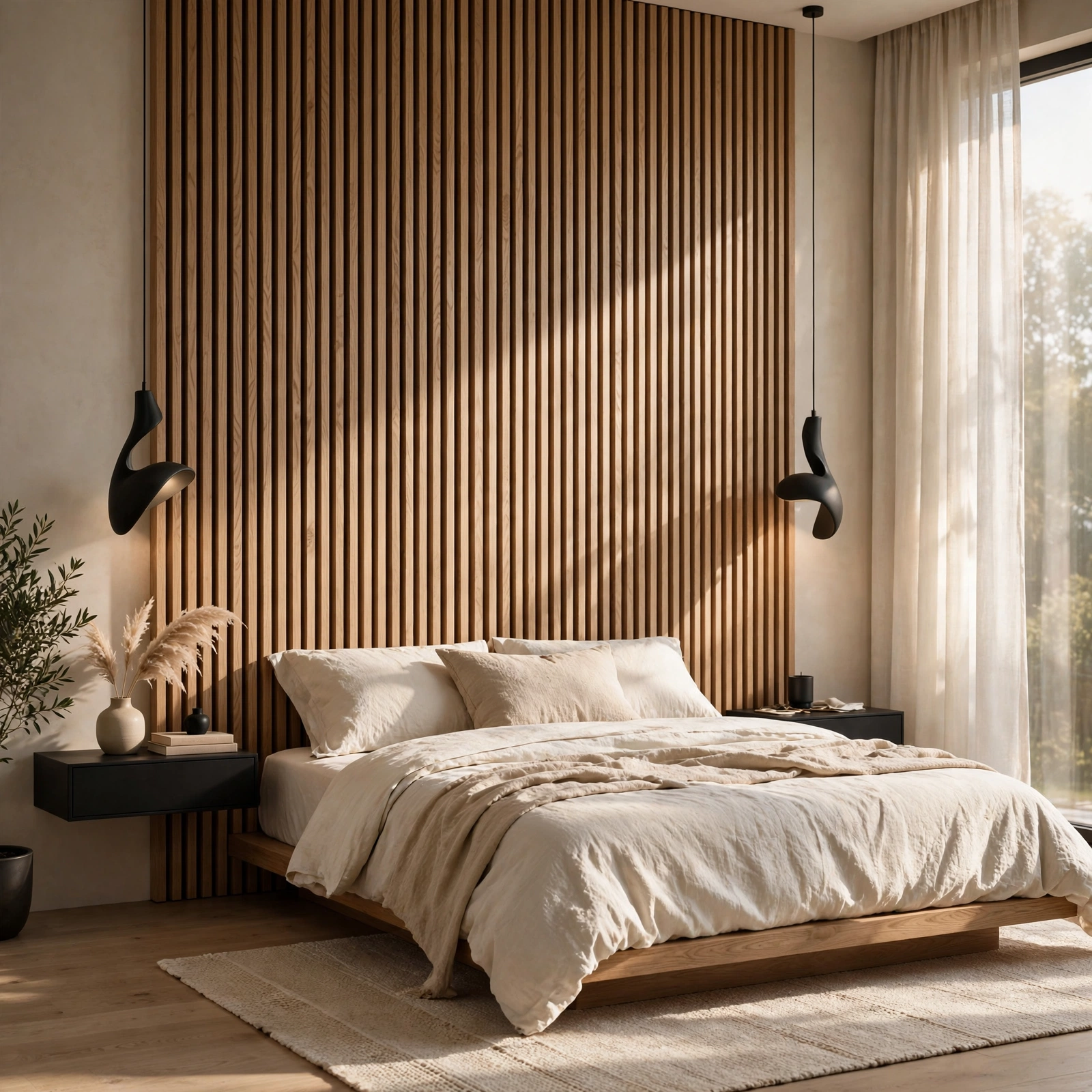 11. Slatted Wood Wall Panel for Modern Bedroom