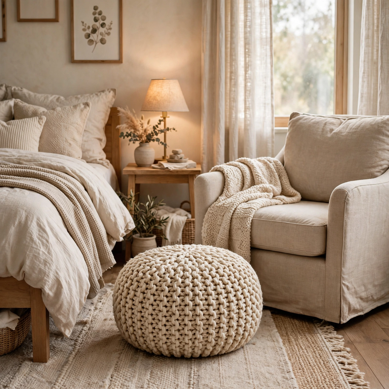 9. Soft Knit Pouf for Cozy Bedroom