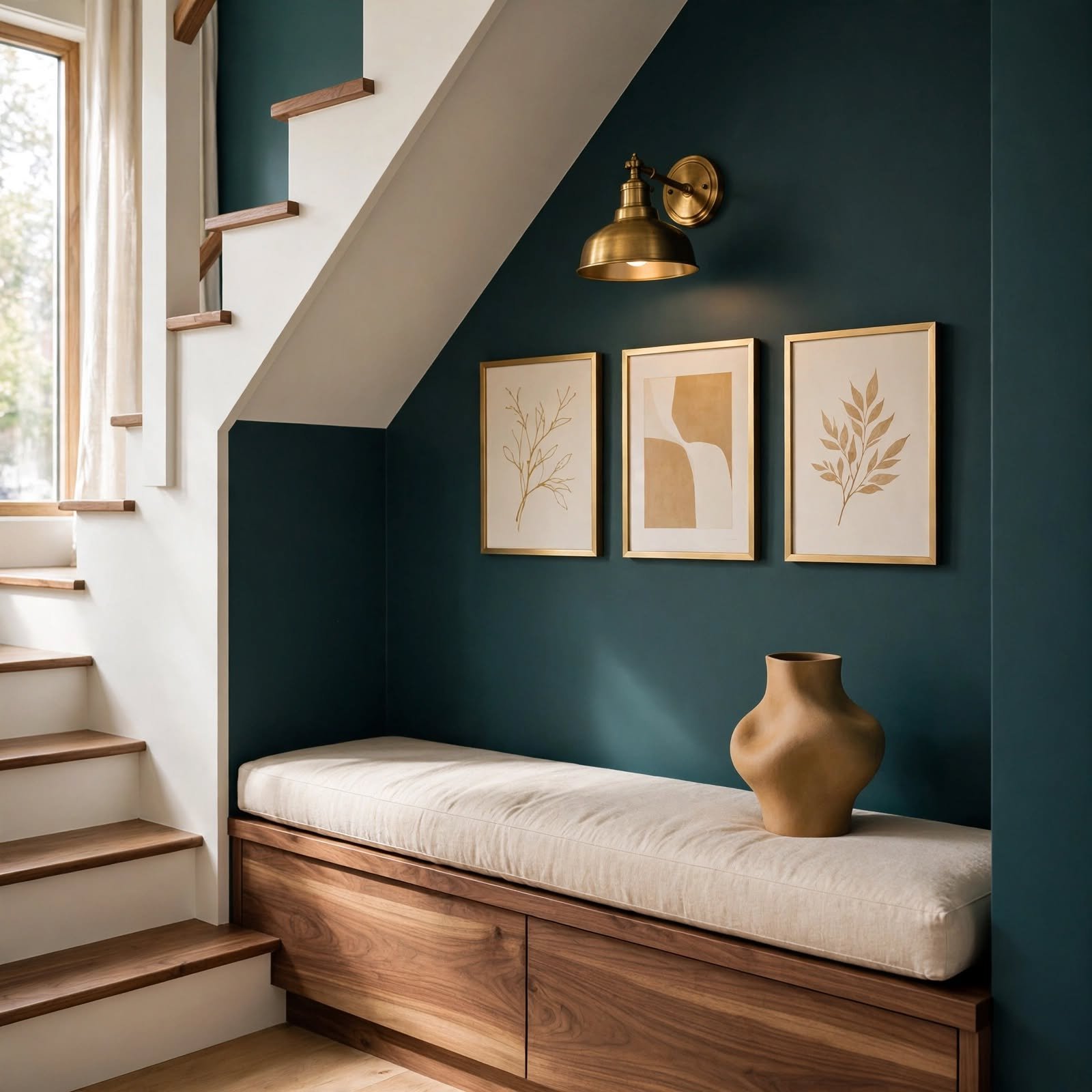 13. Staircase Nook Bench Display for Staircase Wall Decor