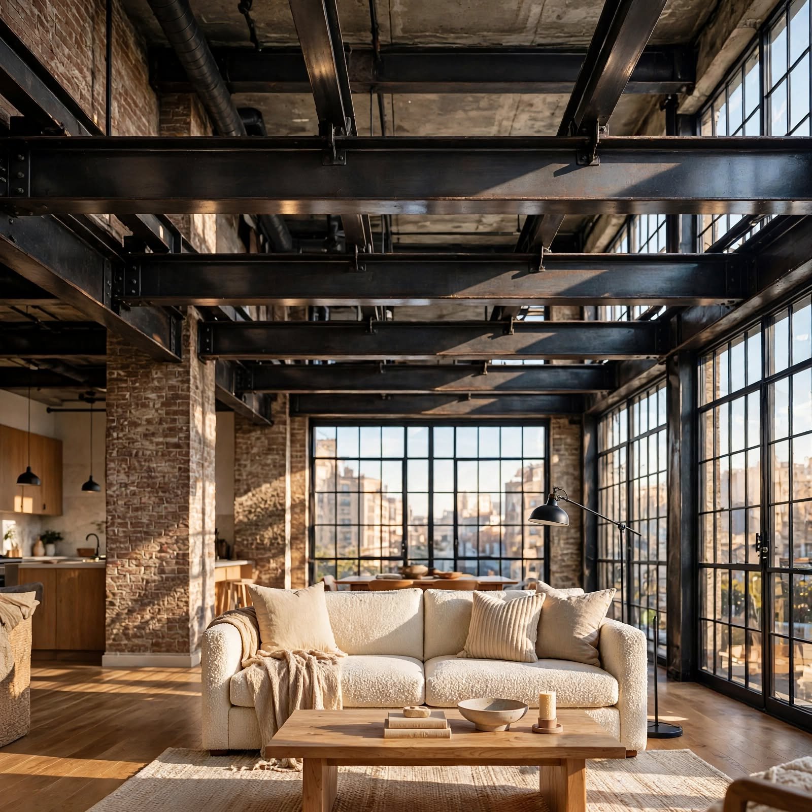 6. Steel Beam Ceiling Accent for Loft Apartment