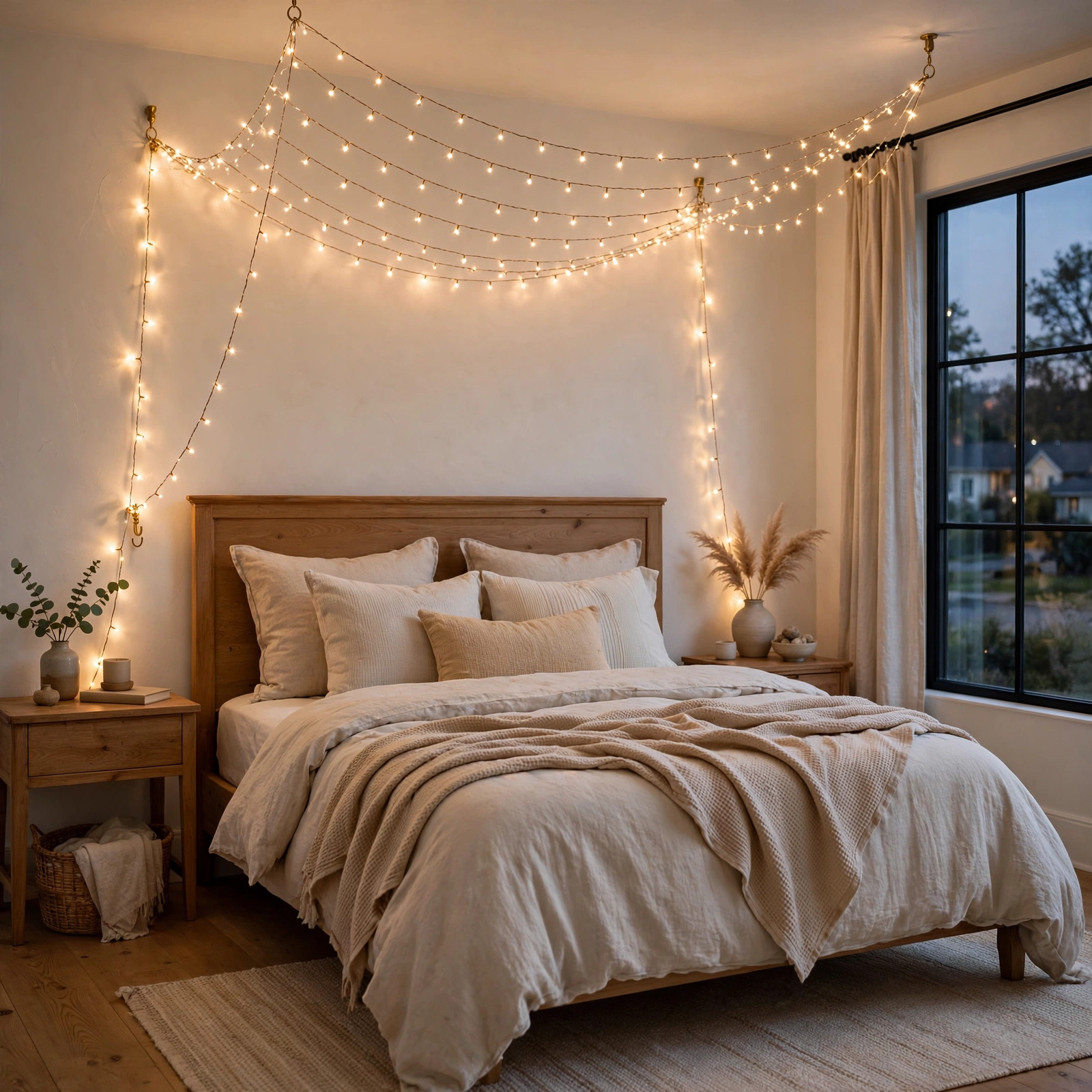 10. String Light Canopy for Cozy Bedroom