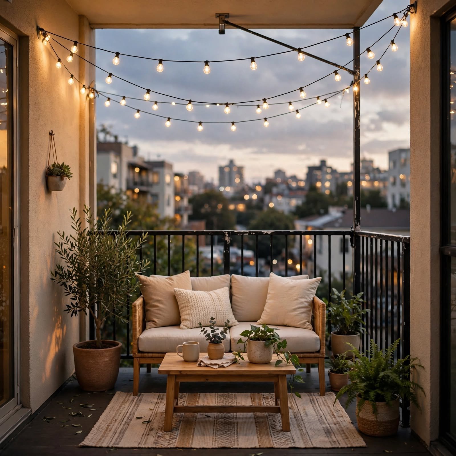 5. String Light Canopy for Balcony Ideas Apartment