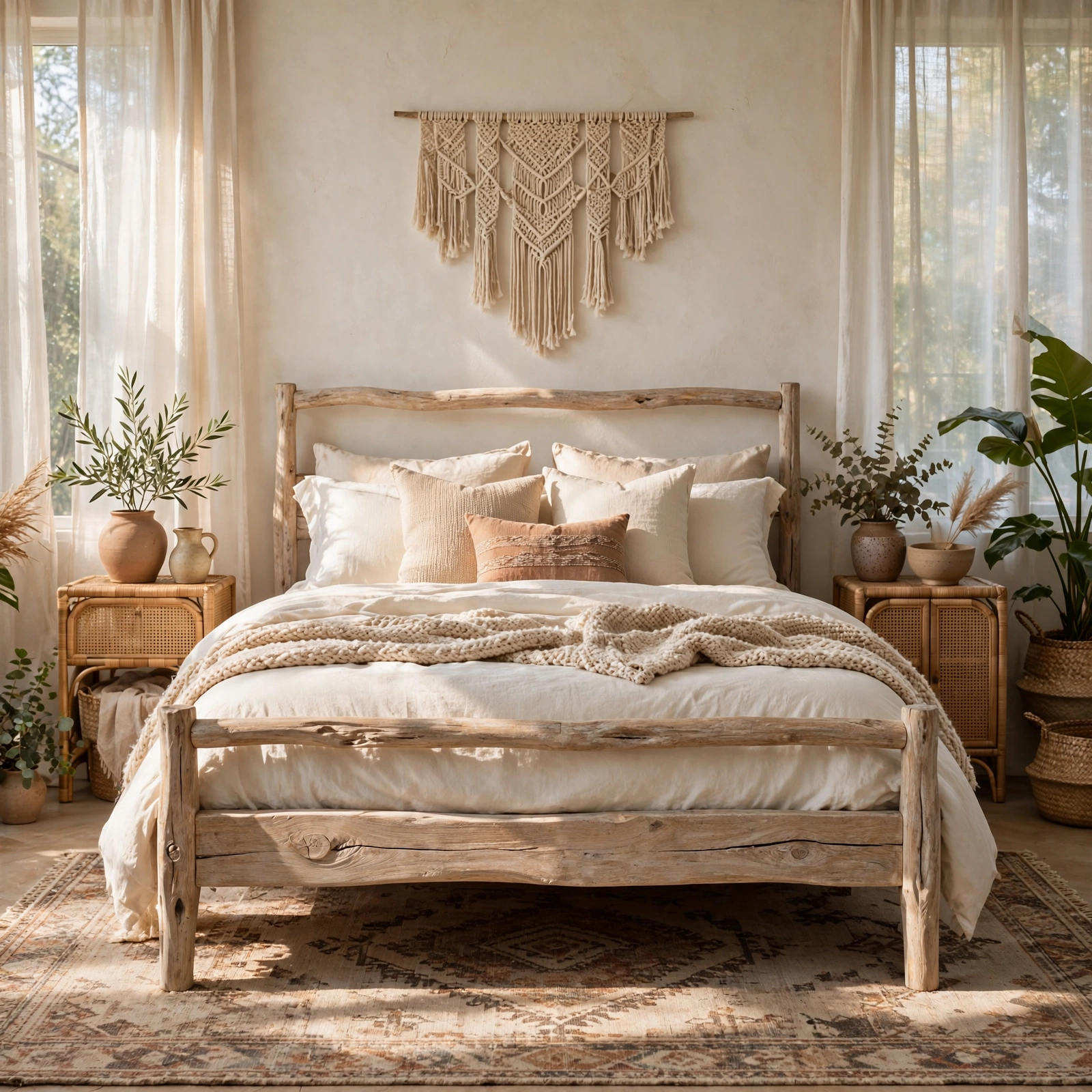 5. Sun-Bleached Wood Bed Frame for a Boho Bedroom