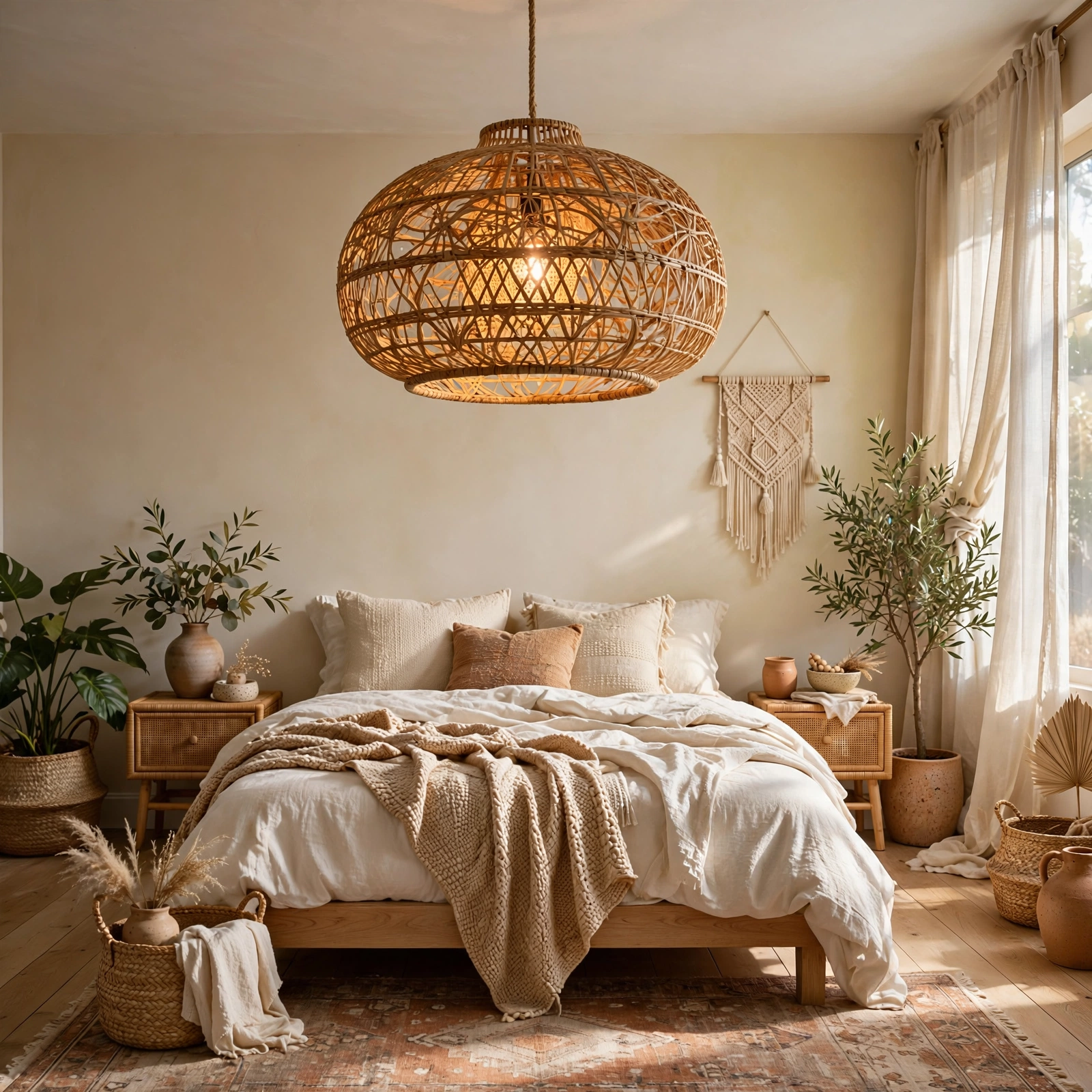 10. Suspended Rattan Pendant for a Boho Bedroom