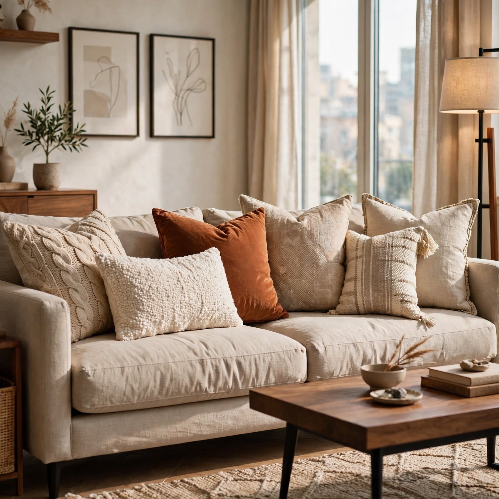 5. Textured Throw Pillow Mix for Apartment Inspiration