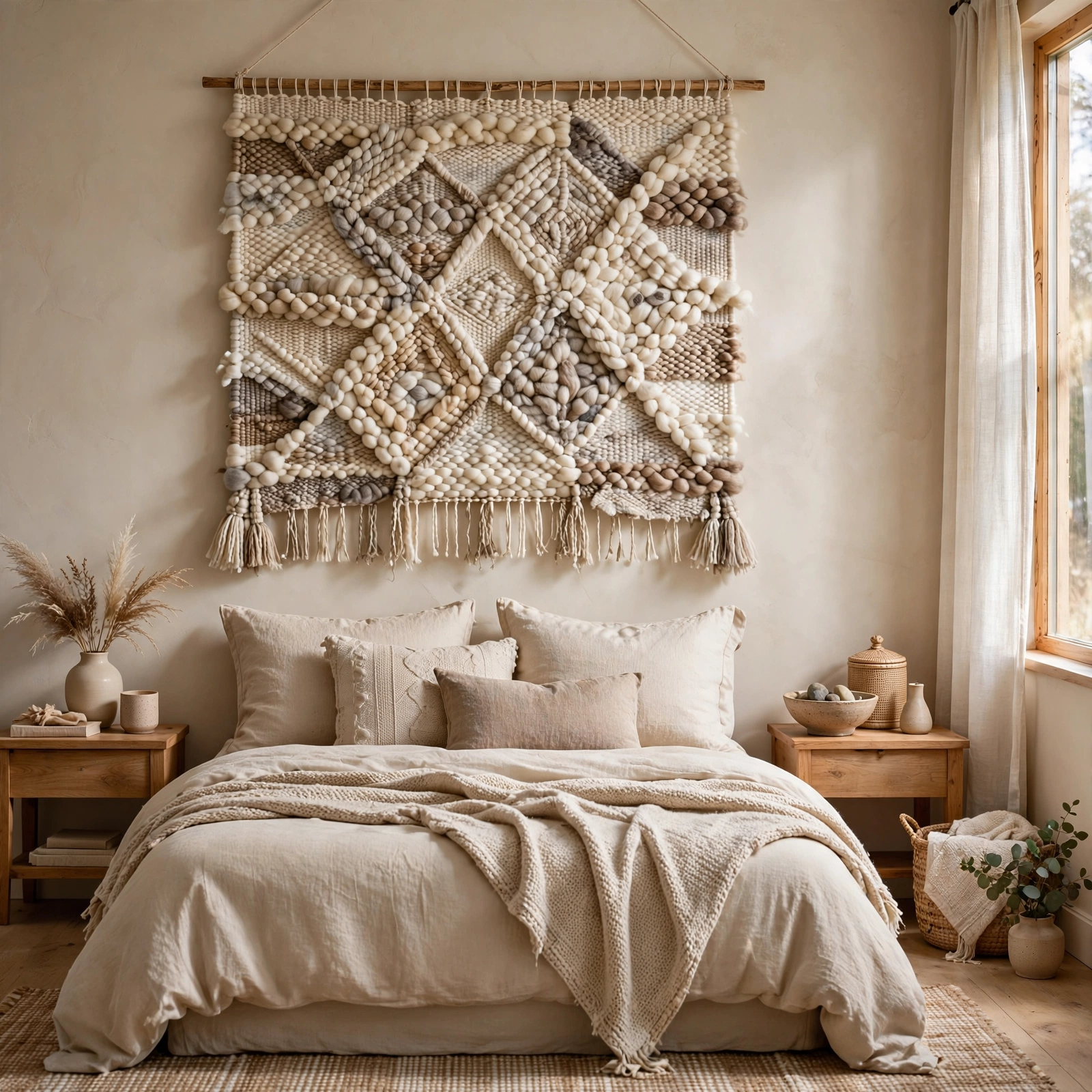 12. Textured Wool Wall Hanging for Cozy Bedroom