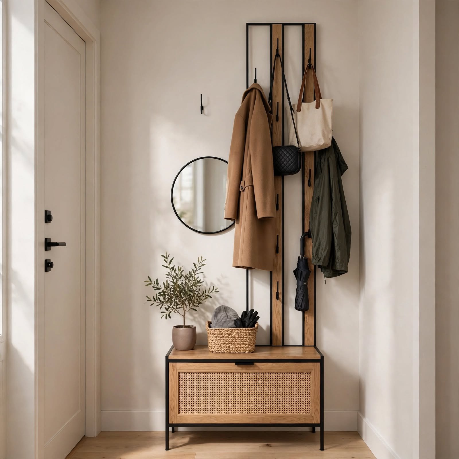 2. Vertical Coat and Bag Rack for Small Apartment Living