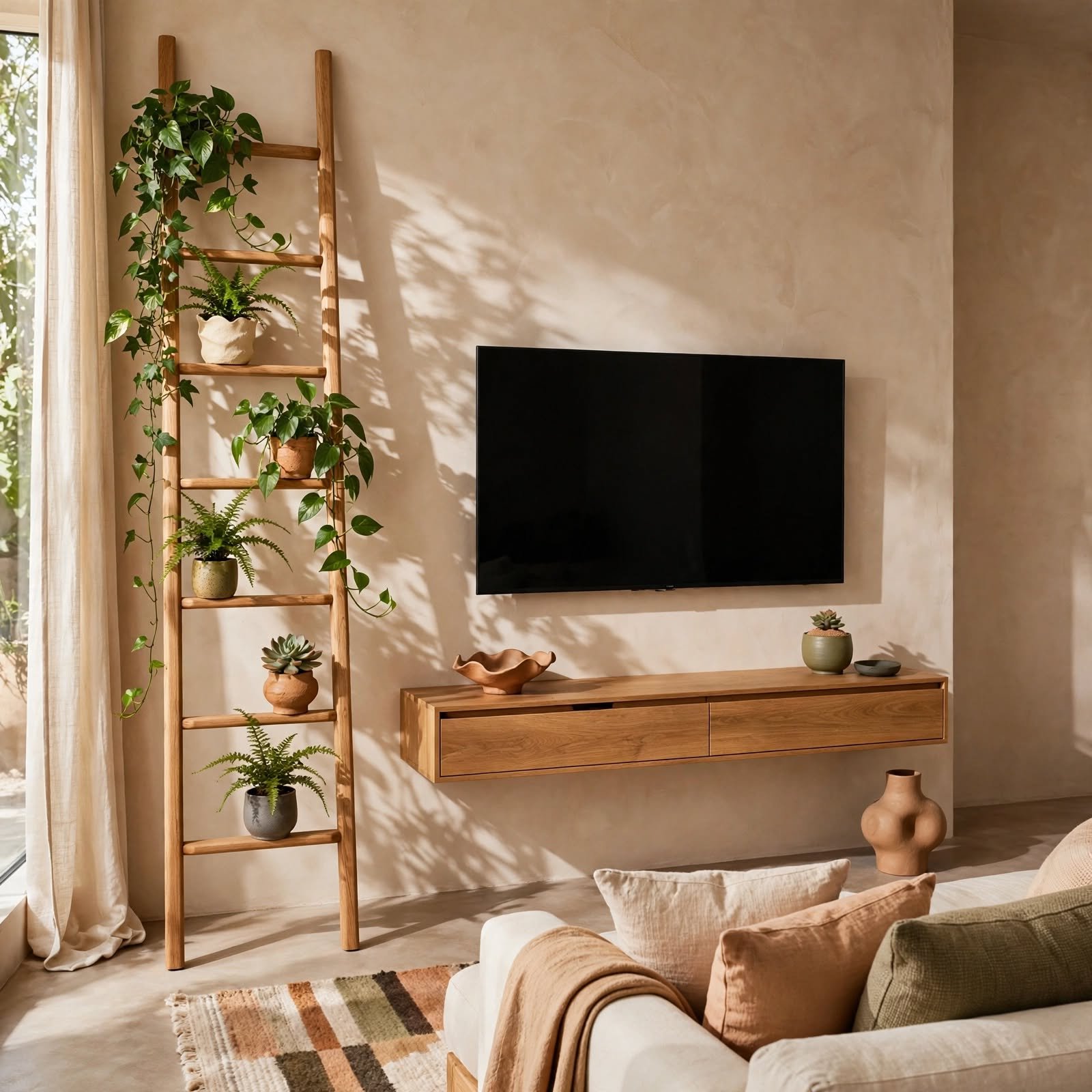 4. Vertical Plant Ladder Beside TV for TV Wall Decor