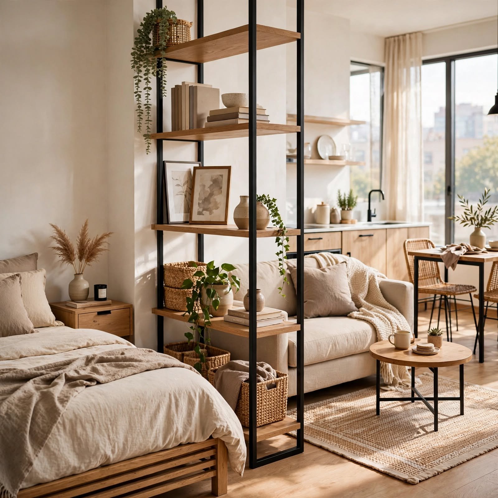 15. Vertical Zoning With Shelving Tower for Studio Apartment Layout