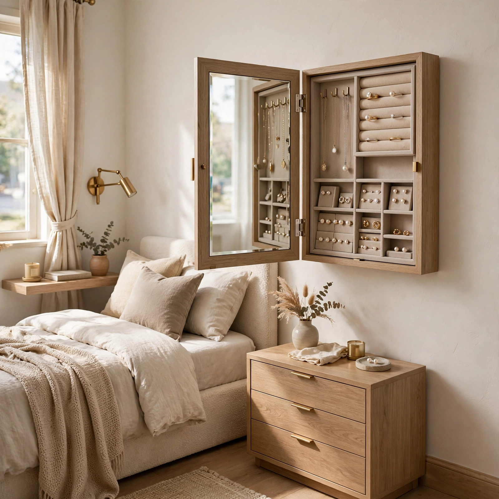12. Wall-Mounted Jewelry Cabinet for Small Rooms